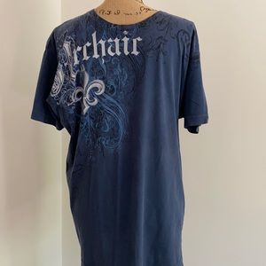 Vintage Archaic Mens Short Sleeve Shirt Y2K Affliction Style Wings Blue L